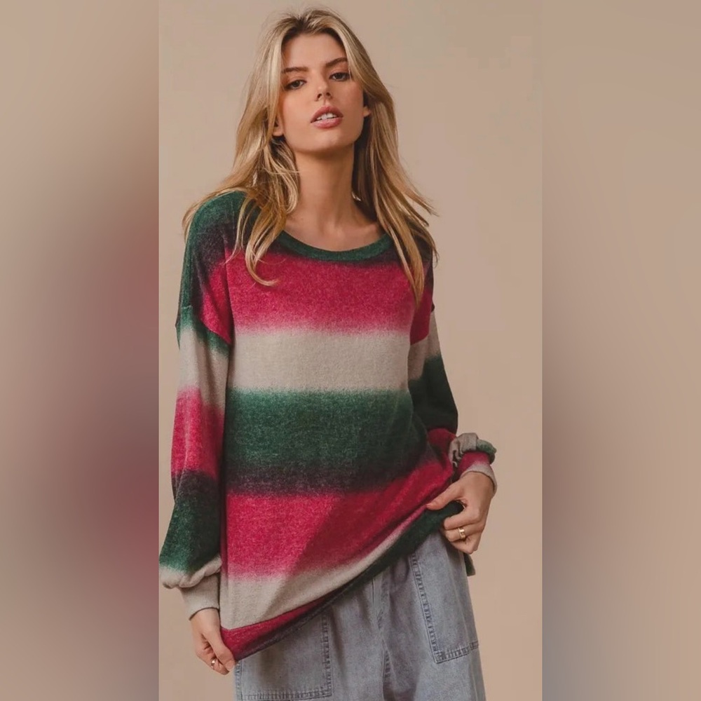 BiBi Vibrant Red and Green Striped Sweater